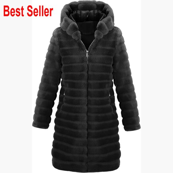 Long Faux Fur Coat with Hood Loose Fit Zip Closure Two Pockets